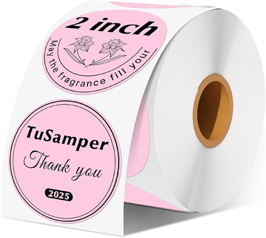 2 Inch (50.8mm x 50.8mm) Round Thermal Sticker Labels, Self-Adhesive Circle Direct Thermal Label, Multi-Purpose Roll Sticker for DIY Logo Design, QR Code, Name Tag, Roll of 500 Labels, Pink