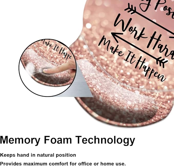 Mouse Pad with Wrist Support, Non Slip Mousepad Wrist Rest for Office, Computer, Laptop & Mac- Durable & Comfortable & Lightweight Ergonomic Support Mouse Mat Glitter Quote
