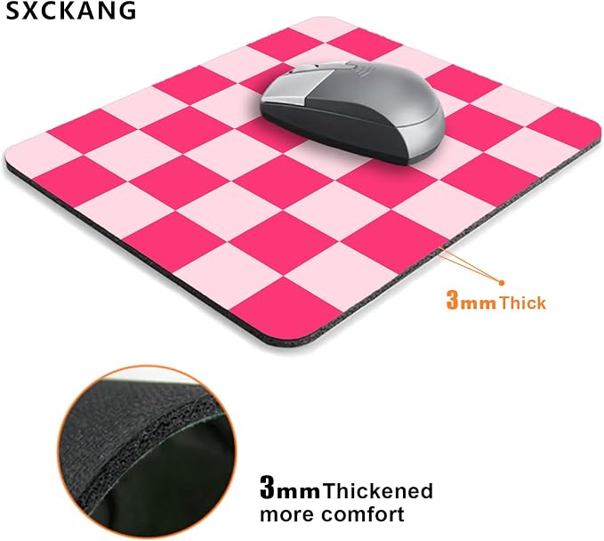 Hot Pink Mouse Pad, Aesthetic Checkered Mousepad, Cool Square Computer Mouse Mat Design, Girly Kids Girls Teen Pretty Modern Decorative Mouse Pads for Laptop Office, 9.5x7.9 inch