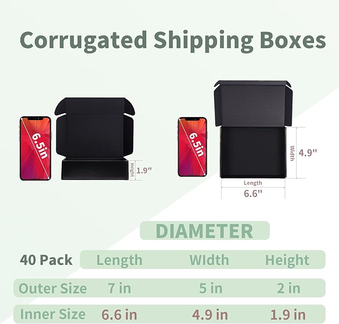 Rempry 40 Pack 7x5x2 Inches Black Shipping Boxes, Cardboard Corrugated Mailer Boxes for Packaging Small Business, Small Gift Boxes for Mailing Present