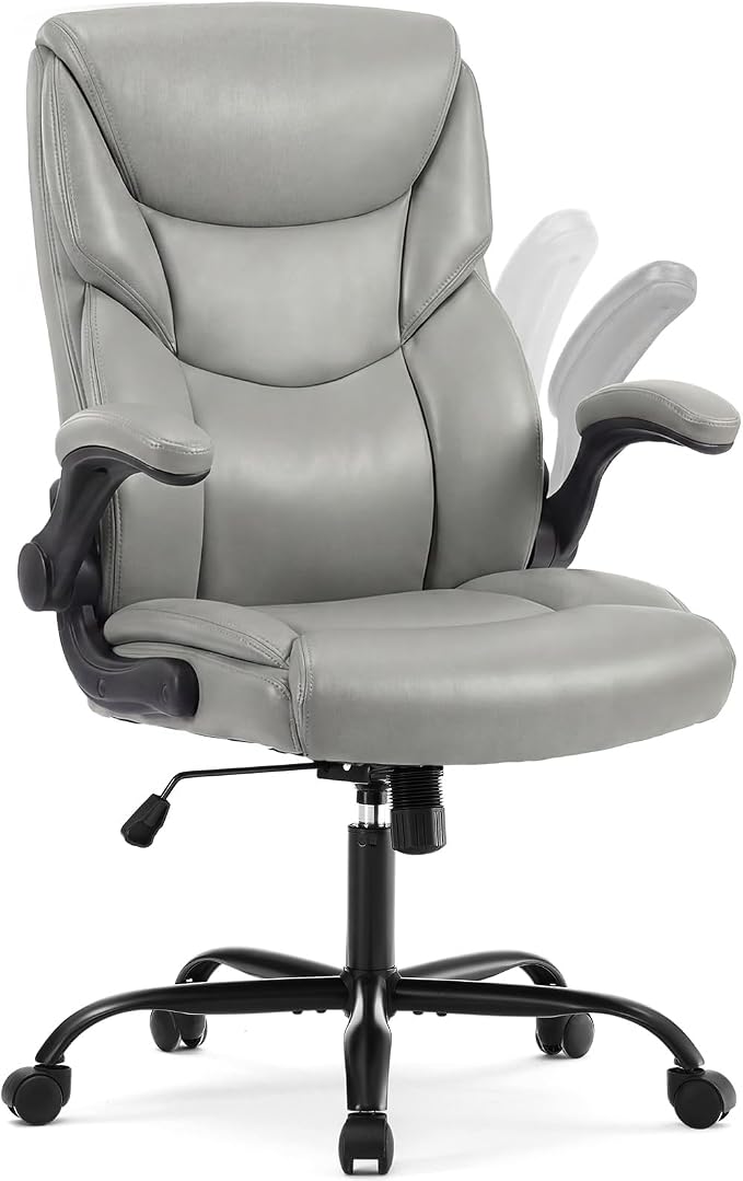 DUMOS Office Chair, Leather Ergonomic Chair Lumbar Support, Grey | Ergonomic Executive Computer Desk, Flip-up Armrest Swivel Task, Strong Metal Base, Modern Comfy