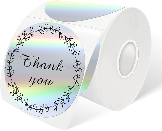 3" Circle Holographic Thermal Label Stickers Silver, Self-Adhesive Circle Direct Thermal Labels, Multi-Purpose Roll Sticker Labels for DIY Logo Design, QR Code, Name Tag（ 300 Labels,1 Roll）