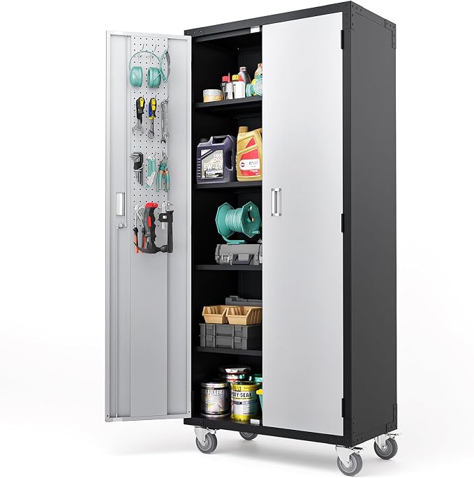 VINGLI 72'' Tall Garage Storage Cabinet, Metal Storage Cabinet with Wheels, Locking Doors and Adjustable Shelves (Black & Silver, 32''W x 16''D x 72''H)