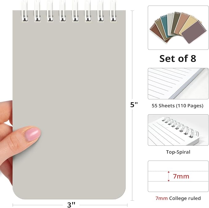 Taja Pocket Small Notebook 3" x 5", Set of 8 Mini Little Spiral Notebook, Nursing Notepad, Perfect for Work, School, Office, Nurse, Travel - Neutral