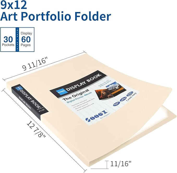 Sooez 30-Pocket Binder with Plastic Sleeves 9x12 (Ivory), Heavy Duty Art Portfolio Folder with Clear Sheet Protectors, Display 60 Pages, Presentation Book for Artwork, Document Organizer Binder