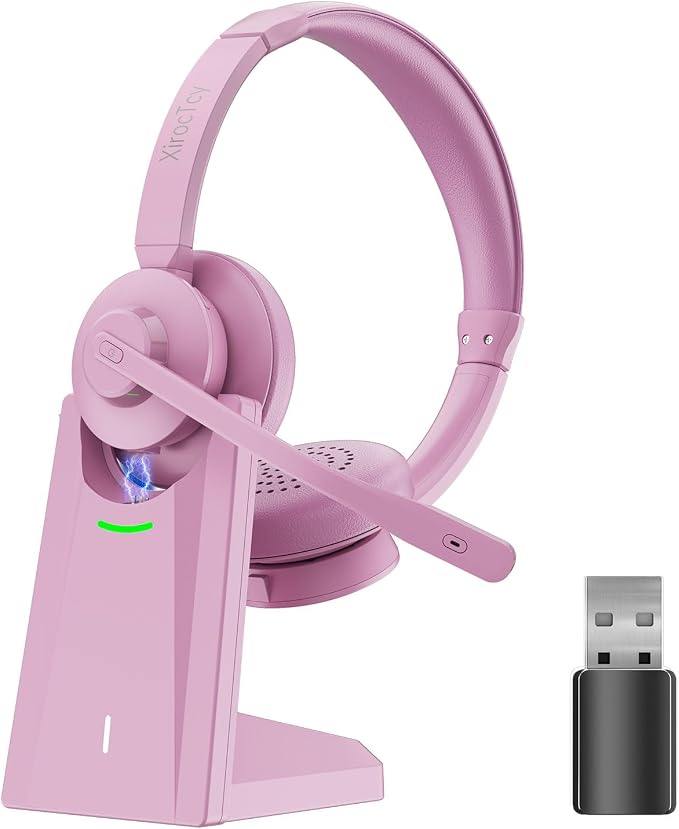 Wireless Headset with Mic for Work, Bluetooth Headset, Mic Clear Calls, Wireless Headphones with AI Noise Cancelling Microphone (Bluetooth 5.3 & Mic Mute), USB Dongle, for PC/Zoom(Pink)