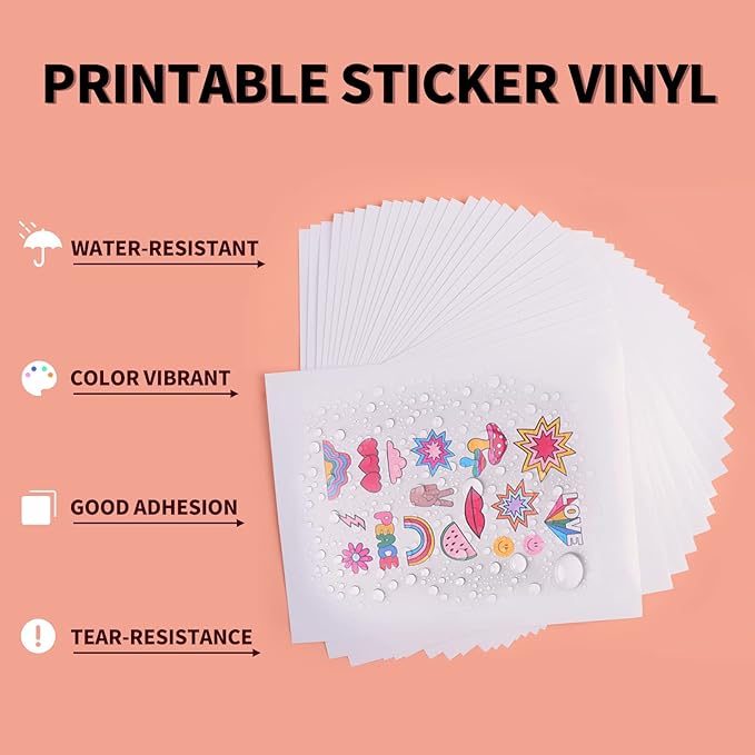 HTVRONT Printable Vinyl Sticker Paper - 70 Sheets Waterproof Matte Sticker Paper for Inkjet Printer & Laser Printer, Dries Quickly & Tear Resistant, 8.5"x11"