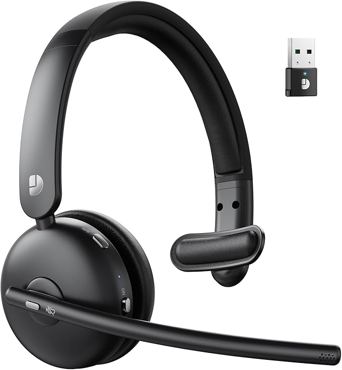 Wireless Headset with Mic for Work, Bluetooth Headset with Mic, AI Noise Cancelling, 65H Battery & Mute Function, Single-Ear Wireless Headset & USB Dongle, Fit for PC/Laptop/Teams/Call Center