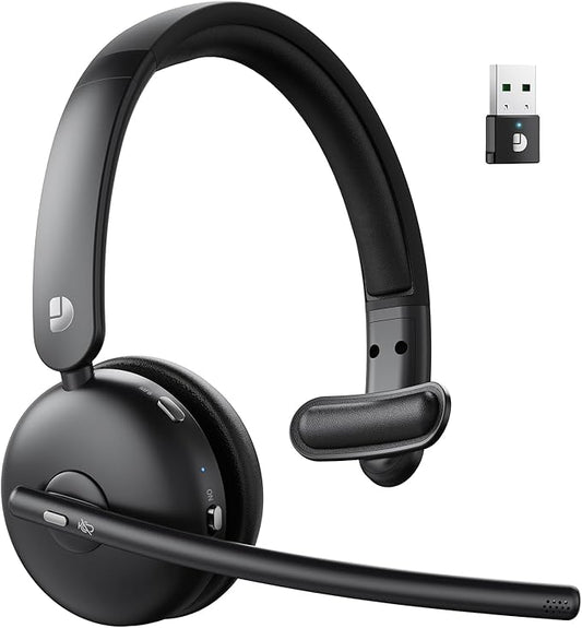 Wireless Headset with Mic for Work, Bluetooth Headset with Mic, AI Noise Cancelling, 65H Battery & Mute Function, Single-Ear Wireless Headset & USB Dongle, Fit for PC/Laptop/Teams/Call Center