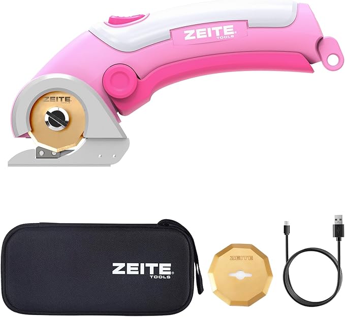 ZEITE 4V Cordless Scissors,Electric Cardboard Box Cutter with Titanium Coated HSS Blades,Ideal for Cardboard Leather Carpet Fabric Cutting and recycling,Gifts for Men & Women,Storage Case,Pink