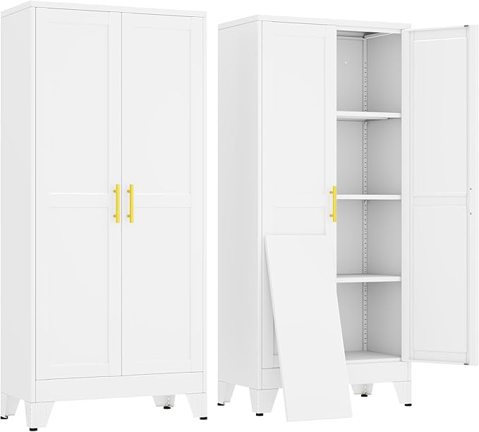 erosoei 61" H Metal Garage Storage Cabinet, Metal Pantry Cabinet with 2 Doors, Locker Steel Cabinet with 3 Adjustable Shelves, Freestanding Cupboard for Garage,Office,Home,Gym,School