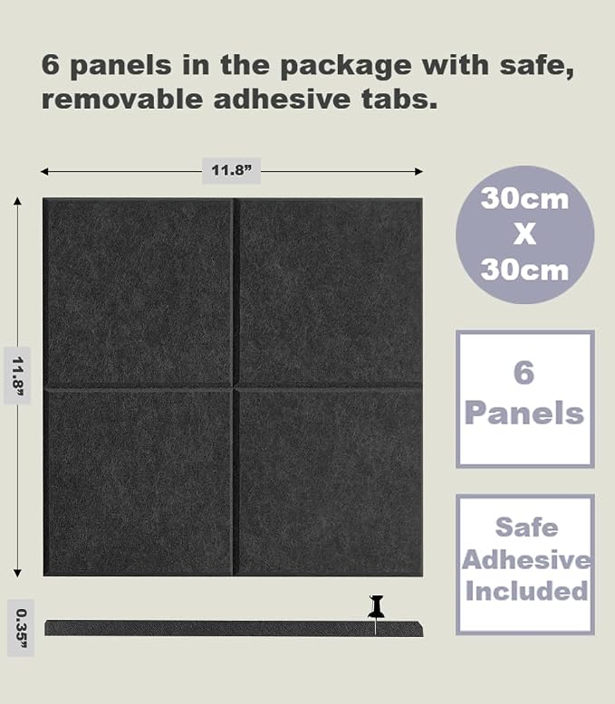 Cork Board 24 x36 Alternative - 6 Pack Felt Wall Tiles with Safe Removable Adhesive Tabs, Cork Boards for Walls Cork Board for Home Office Pin Board Tack Board - Black