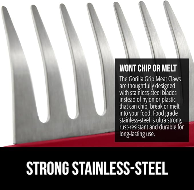 GORILLA GRIP BPA-Free Chicken Shredder Meat Claws, Sharp Stainless Steel Food Shredding Fork, Comfortable Handle, Easily Shred Pulled Pork, Taco Meats, Kitchen Smoker BBQ Tool, Dishwasher Safe, Red