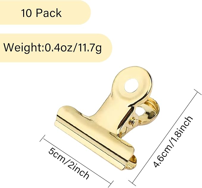 YUCHIYA 10 Pack Bulldog Clips with 10 Push-pins, Paper File Clips with Strong Spring, Large Metal Binder Clips, Seal Clamps for Coffee Tea Food Bags(Gold,2inch)