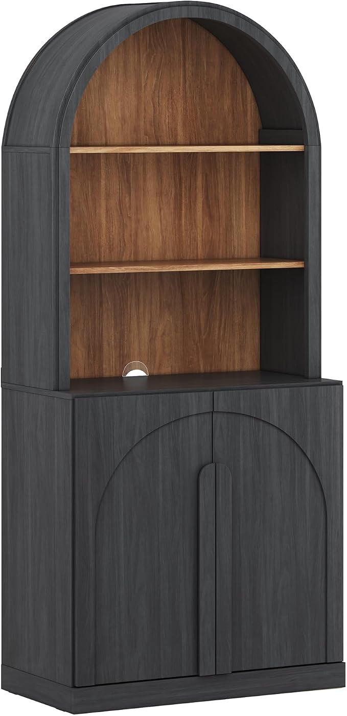 BELLEZE Arched Bookshelf with Adjustable Shelf, 71" Tall Curio Display Cabinet with Wood Door, 5 Tier Modern Bookcase Shelf with Storage for Living Room Office, Ebony