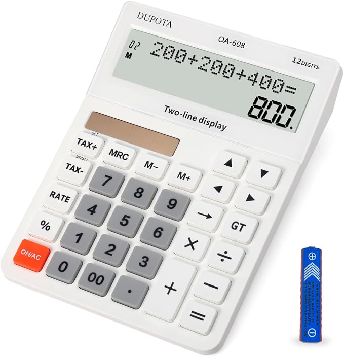 Desktop Calculator Large Display Big Buttons with 12 Digits 2-line | Solar Power and Battery, Accounting Calculator with Tax and Check Function for Office, Home and Business (OA-608)