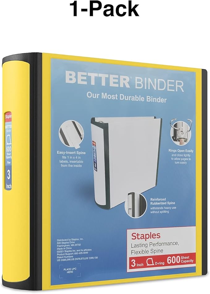 Staples Heavy-Duty 3-Inch D-Ring Binder, Yellow – Large Capacity 3-Ring Binder, Holds Up to 600 Sheets for School & Office