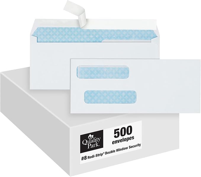 Quality Park #8 Double Window Envelopes, Self Seal Security Envelopes for QuickBooks Checks, 3 5/8" x 8 11/16", 24 lb White, 500 per Box (QUA50766) (Pack of 5)