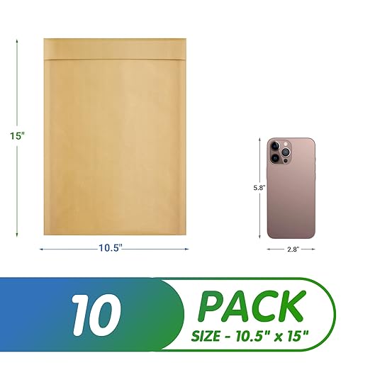 Kraft Bubble Mailers 10.5 x 15 Inch Natural Brown, Padded Envelopes Self Seal, Pack of 10, Bubble Lined Kraft Paper Mailing Envelopes for Shipping