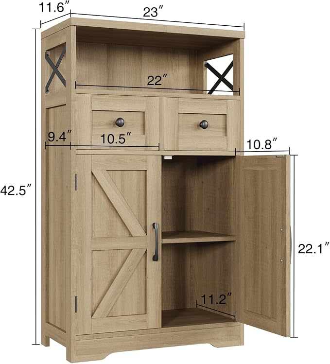 Farmhouse Accent Storage Cabinet with Drawers, Small Kitchen Pantry Cabinet | Coffee Bar Cabinet Cupboard, 2 Storage Drawers, 2 Barn Doors & Adjustable Shelves, for Kitchen/Entryway/Living Room/Bathroom