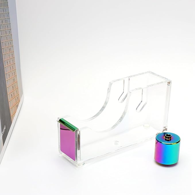 NatSumeBasics Rainbow Tape Dispenser Desk Clear Acrylic Tape Dispenser Holder for Office School Home Stationery Supplies (Clear & Rainbow Tone)