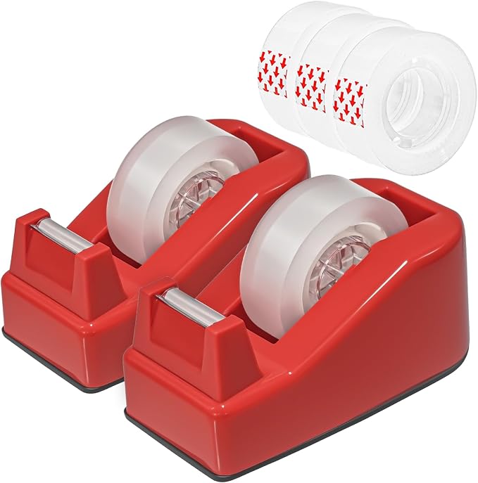 2-Pack Compact Office Tape Dispenser w/ 5 Rolls of 1" Tape, Red | Standard 1-Inch Core Clear Tape Roll Holder, Small & Lightweight, Smooth Cut Blade, Rubber Base, Aesthetic Desktop Supplies