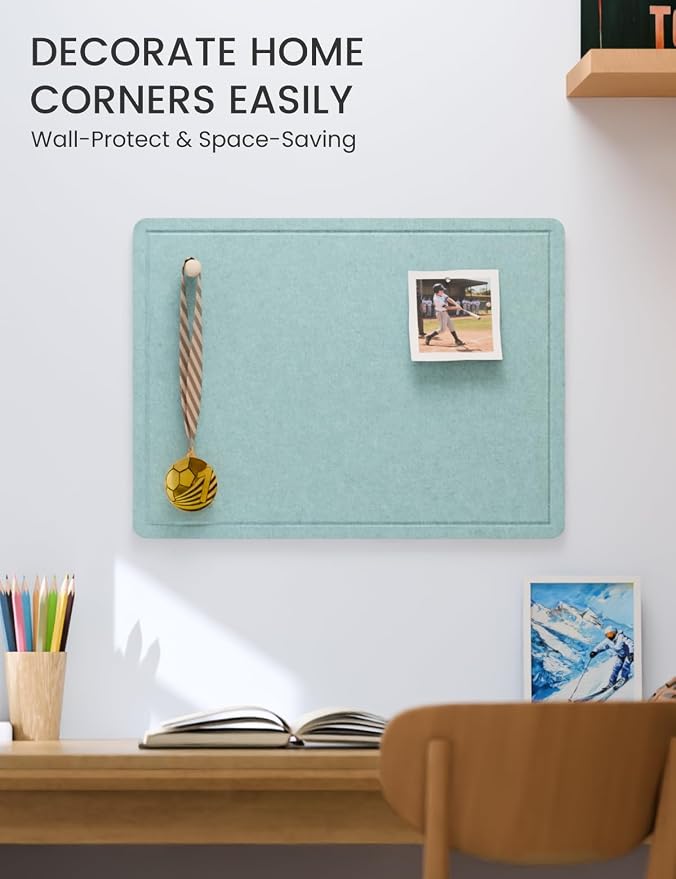 Fluxynara 23.6" x 17.1" Bulletin Board, Aqua Blue | Cork Board Alternative with 12 Removable Adhesive Tabs, Foldable Felt Pin Board for Home, Office, Classroom & Dorm