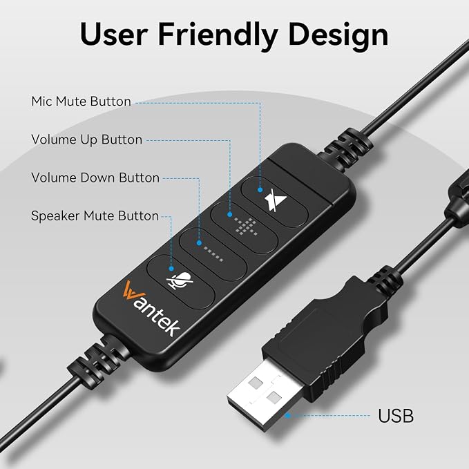 Wantek USB Headset with Microphone for PC, Computer Headset with Noise Canceling Microphone with Mute for Home Office Online Skype Zoom Meetings