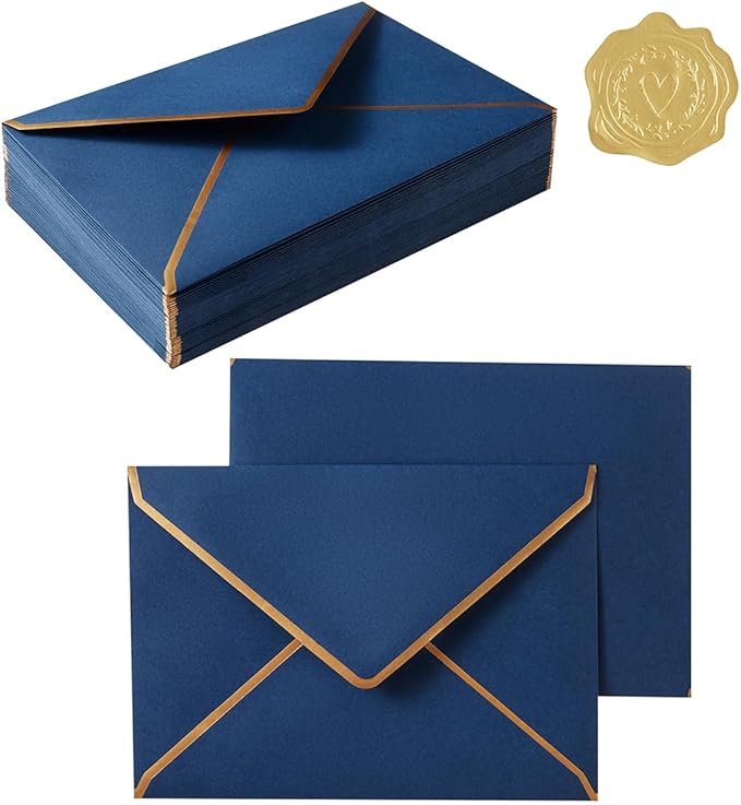 50 Pieces A7 Envelopes with Gold Border, 5.24 x 7.21 Inches Envelopes with Gold Stickers for Greeting Cards and Invitation (Navy Blue, A7-5x7)