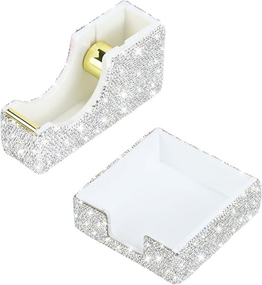 Buqoo 2 PCS Bling Crystal Handmade Diamond Sticky Note Holder and Tape Dispenser Office Supplies Dazzling Rhinestone Bling Desk Accessories for Women Office (Silver)