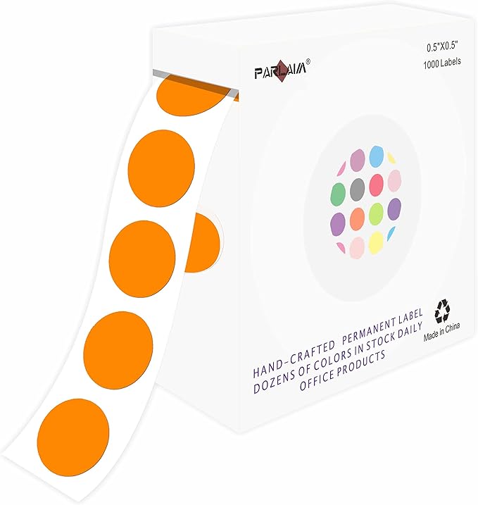 PARLAIM 1/2" Orange Round Color Coding Circle Dot Labels on a Roll, 1000 Stickers in Plastic Dispenser Box, 0.5 inch Diameter