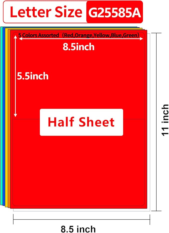 Colored Half Sheet Shipping Labels Printable,5.5"×8.5" Half Page,5 Colors Assorted(Red,Orange,Yellow,Blue,Green),Color Neon Label Sticker Paper for Printer,Coloful Large Stickers Labels