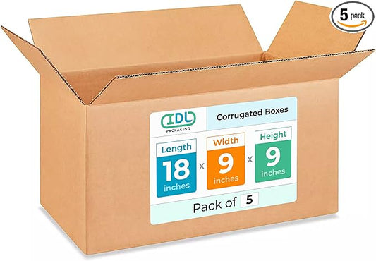 Long Moving & Shipping Boxes 18 x 9 x 9 inches (5-Pack) - Extra Strength 200 lb vs Regular - USA-Made Corrugated Strong Boxes for Packaging Moving Stuff - Heavy Duty Box by IDL Packaging