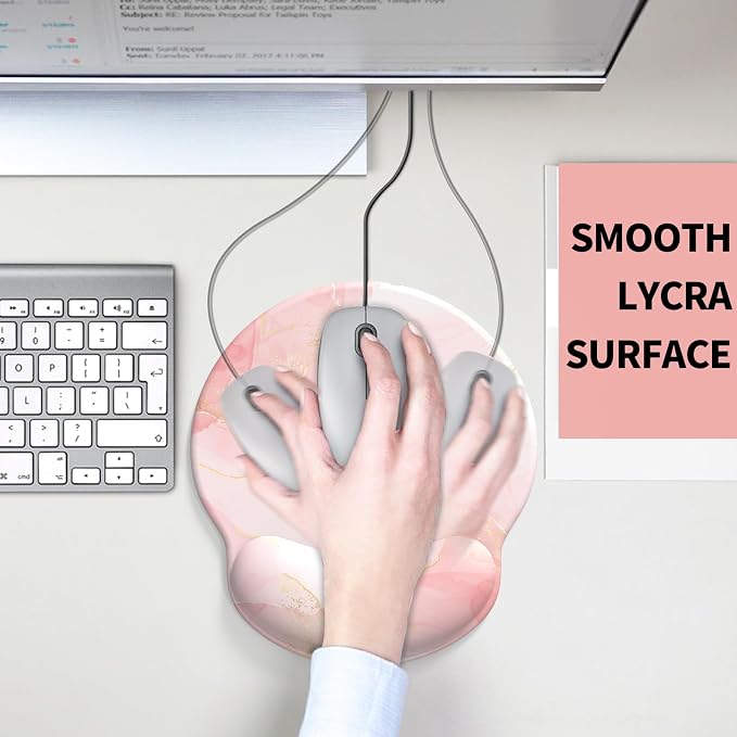 Mouse Pad with Wrist Rest, Comfortable Computer Mousepad with Gel Wrist Support Smooth Surface and Non-Slip PU Base for Pain Relief, Laptop, Office & Home (Pink Marble)