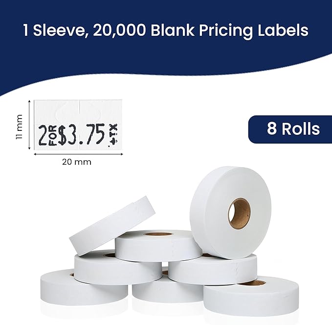 Perco White Pricing Labels for Monarch 1131 Price Gun - 1 Sleeve, 8 Rolls, 20,000 Price Marking Labels - with Ink Roll Included