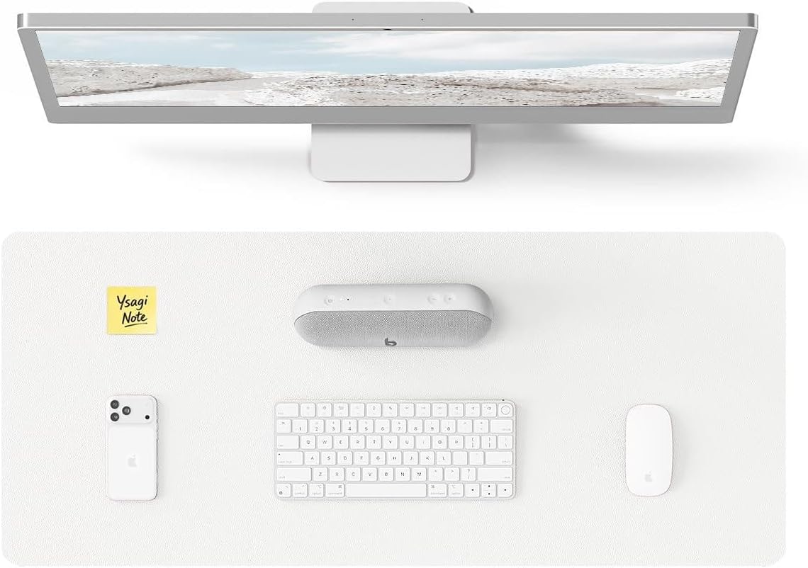 YSAGi Leather Desk Protector, Office Mat, Large Mouse Mat, Non-Slip PU Leather Blotter, Laptop Desk, Waterproof Writing Pad for Office and Home (White, 23.6" x 13.8")