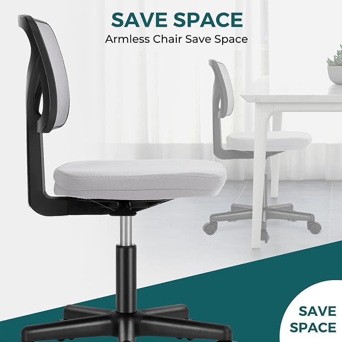 DUMOS Armless Desk Chairs, 2 Pack, Small Home Office Mesh Chairs | Ergonomic Adjustable Mid Back, Swivel Rolling Task, Computer Work Vanity Small Spaces, Light Grey