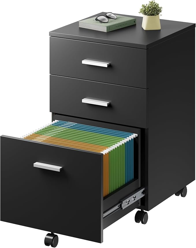 DEVAISE 3 Drawer Wood File Cabinet, Under Desk Filing Cabinet, Black | Small Mobile Printer Stand, Fits Letter/A4 Size, Under Desk Storage Cabinet, Home Office