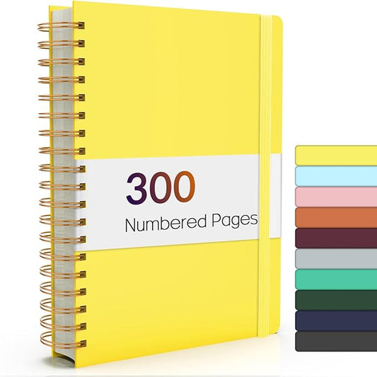 Forvencer A4 Lined Spiral Journal Notebook with 300 Numbered Pages, 11" X 8.5" Thick Journals for Writing with 100GSM Paper, Hardcover Notebooks with Contents for Work, School, Yellow