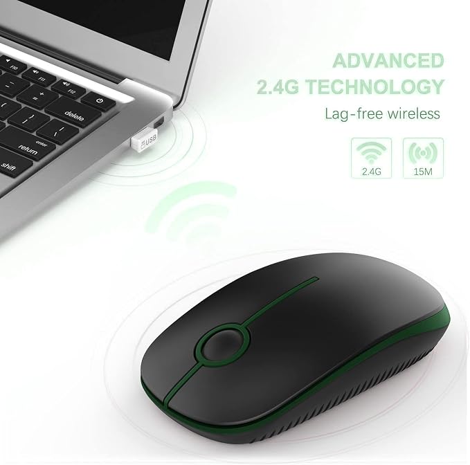 VssoPlor Wireless Mouse, 2.4G Slim Computer Laptop Mouse, Black and Green | Portable Mouse, Plug & Play USB Nano Receiver, Quiet Silent Optical Mice for Notebook, PC, Laptop, Computer, Windows, Mac