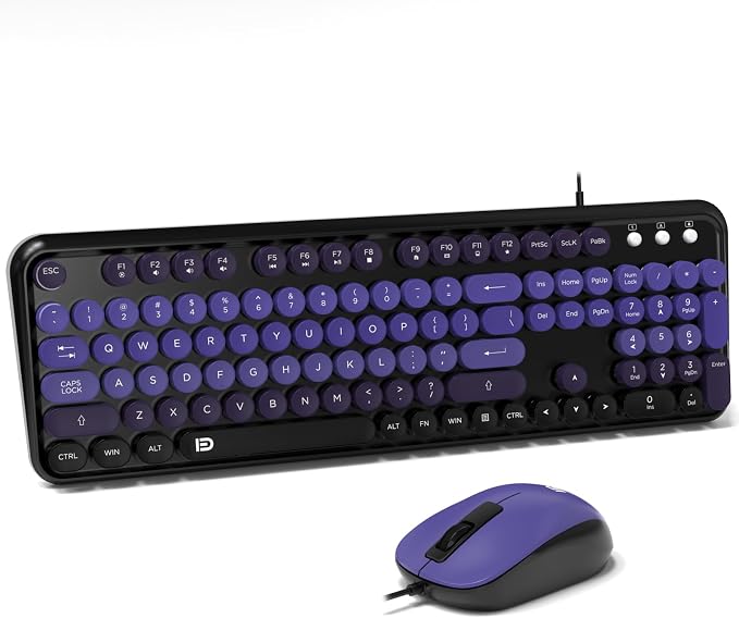 FOPETT 8870P Wired Keyboard and Mouse Combo - Full-Sized Computer Keyboards with 104 Round Keys Retro Typewriter Mouse and Keyboard for PC Windows Desktop Laptop - Purple Colorful