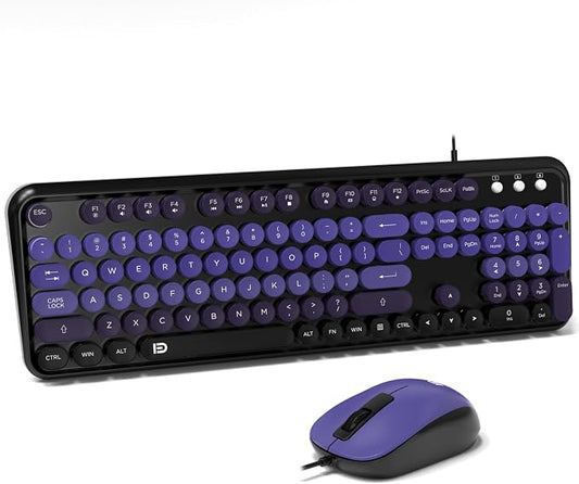 FOPETT 8870P Wired Keyboard and Mouse Combo - Full-Sized Computer Keyboards with 104 Round Keys Retro Typewriter Mouse and Keyboard for PC Windows Desktop Laptop - Purple Colorful