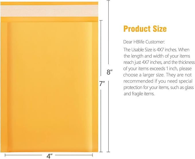 HBlife 50Pcs Bubble Mailers, 4x8 Inches Self Seal Kraft Poly Mailers, Padded Envelopes Shipping Bags Packaging for Small Business