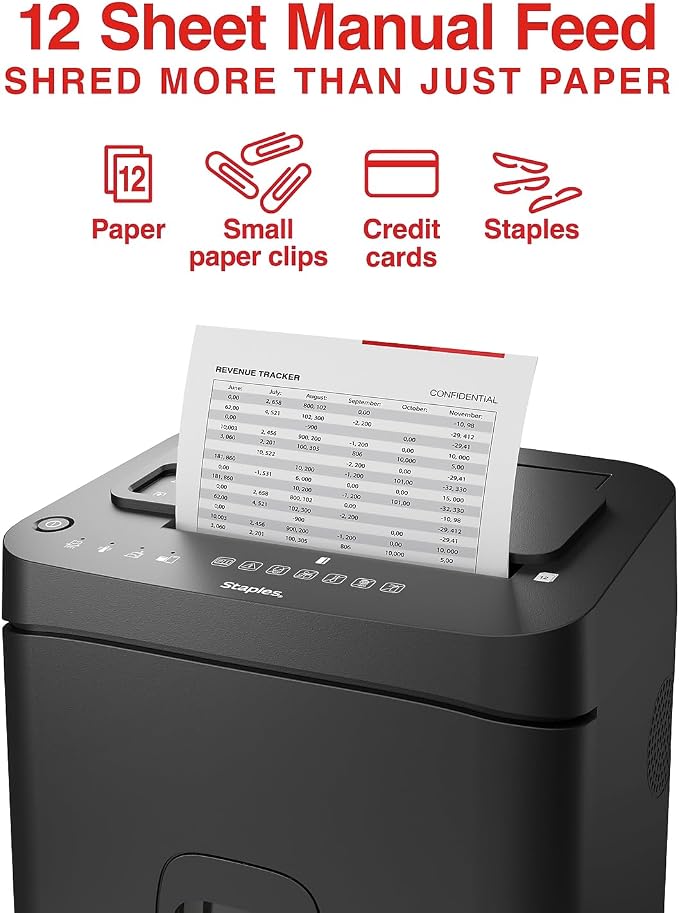 Staples 150-Sheet Micro-Cut Paper Shredder, Autofeed, Anti-Jam, Black | 7.4-gallon pull-out bin for home or office shredding of bulk documents.
