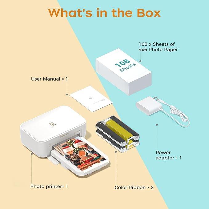 HPRT 4x6 Photo Printer with 108 Sheet & 2 Ribbon, Portable Picture Printer for iPhone & Android Smartphone, Instant Photo Printer, Bluetooth Small Phone Photo Printer, Home Use, Ideal Gift, White
