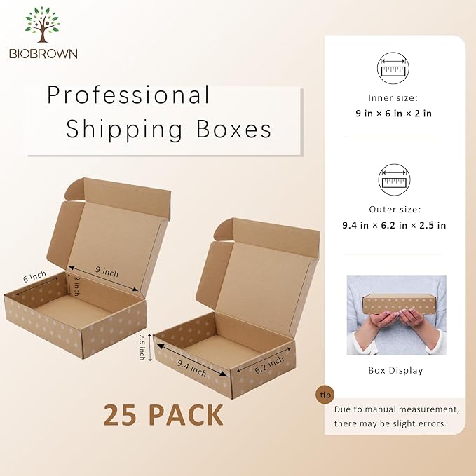 BIOBROWN 9x6x2" Small Shipping Boxes 25 Pack, Kraft Dots Corrugated Cardboard Mailer Boxes Bulk for Packaging Small Business Mailing Gift