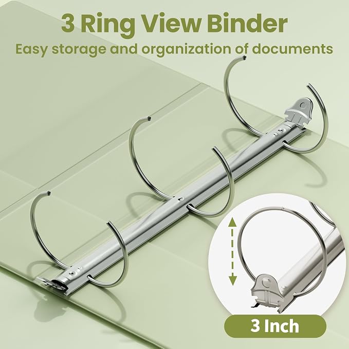 SUNEE 3 Ring Binder 3 Inch 2 Pack, Clear View Three Ring PVC-Free (Fit 8.5x11 Inches) for School or Office Supplies, Sage Green