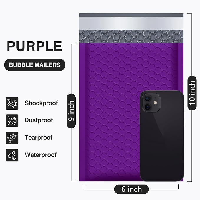UCGOU Bubble Mailers 6x10" Purple Usable Size 6x9" Padded Envelopes 50 Pack | Waterproof Thick Package Bags for Shipping,Opaque Self Seal Adhesive Boutique Shipping Bag for Jewelry Makeup Books Suppliers