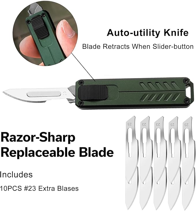 Automatic Utility Knife, Safety Auto Box Cutter Retractable, EDC Push Button Exacto Scalpel Knife, 10PCS #23 Razor Blades Pocket Knives with Clip