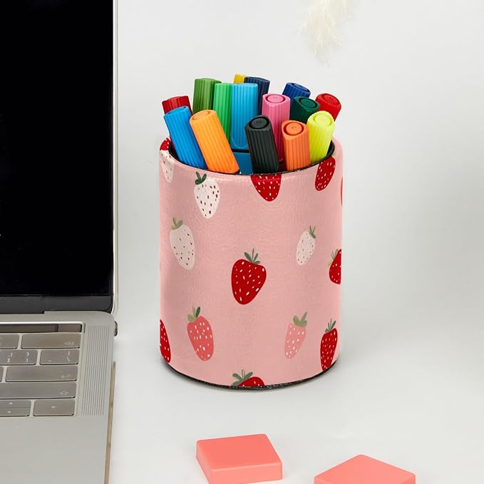 Leather Pen Holder for Desk, Cute Strawberries Print Pencil Cup Pen Organizer Makeup Brush Holder for Office Home Kids Countertop Desk Accessory Storage